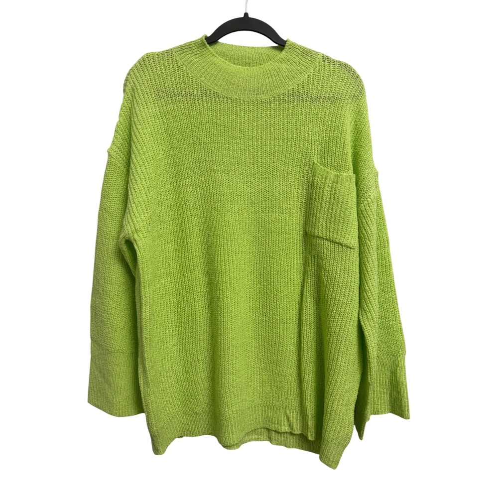 Pink Lily Lime Green Oversized Knit Sweater Mock Neck Pocket PL2671 Small Jumper